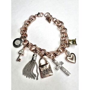 Guess Y2K Rose Gold Tone Charm Bracelet Lock Heart Cross Key‎ Tassel Rhinestone